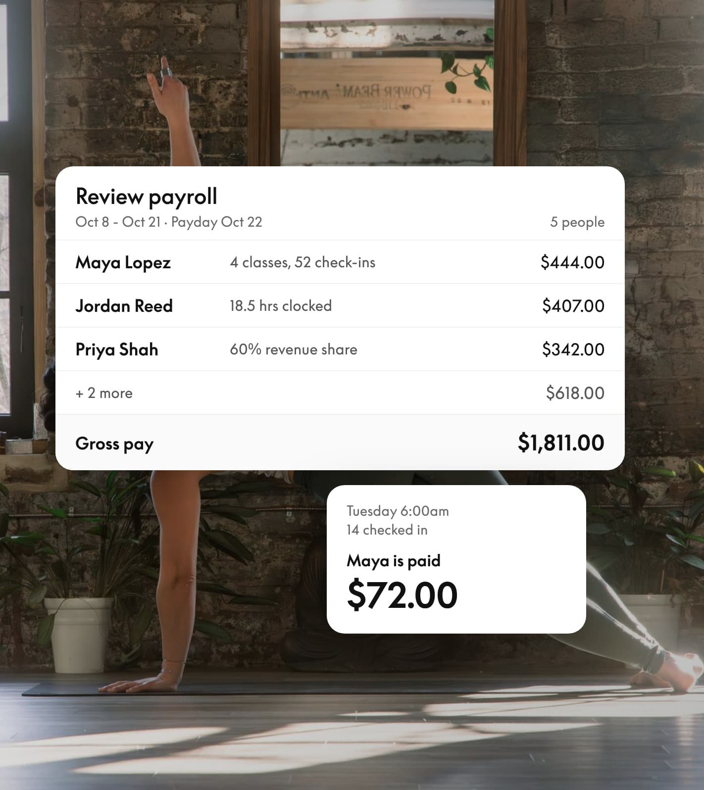 Arketa Payroll showing pay rates, a payroll run and a single class’s pay